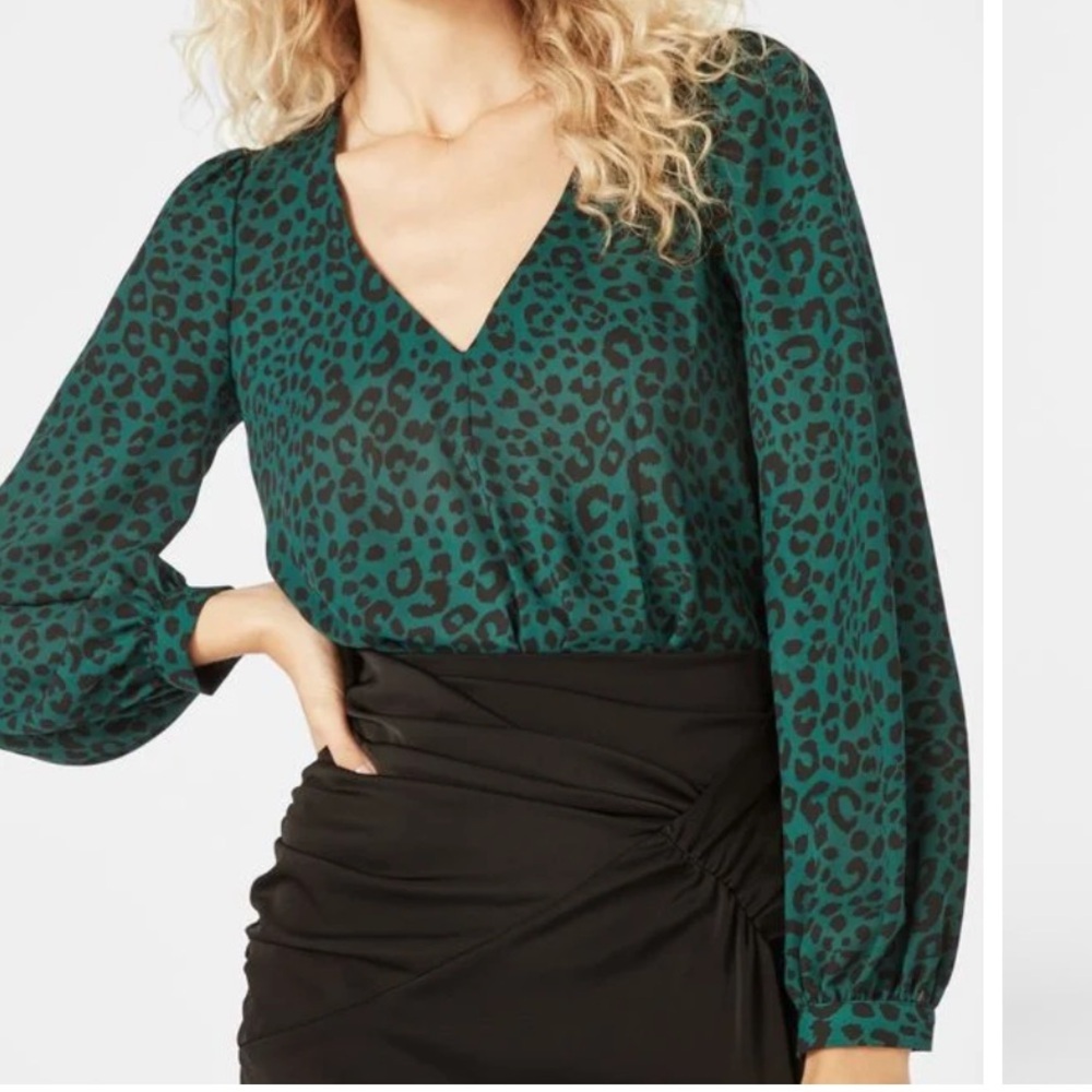 JustFab blouse bodysuit pine cheetah green animal print